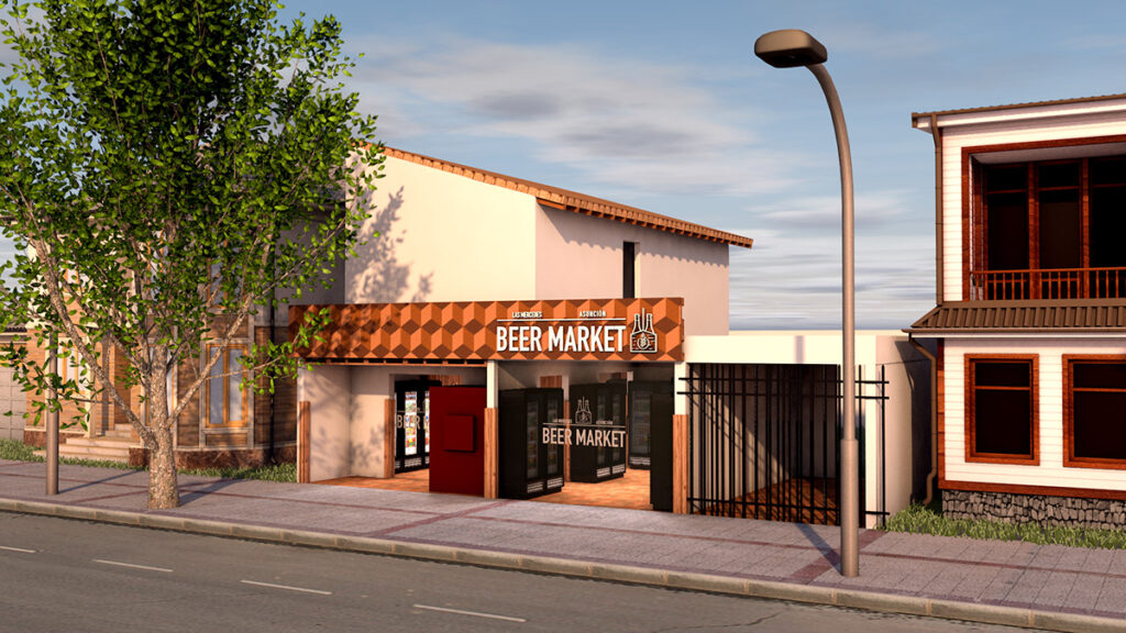 Render exterior del recorrido virtual 3D del local Beer Market.