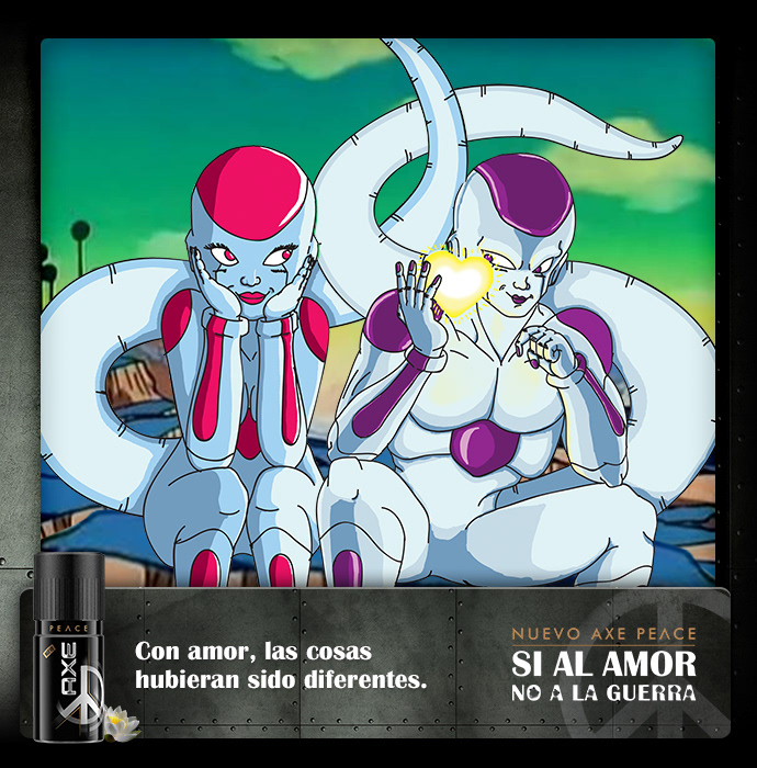 Publicación final para la campaña de Axe con la ilustración de Freezer y el eslogan "Si al amor, no a la guerra".