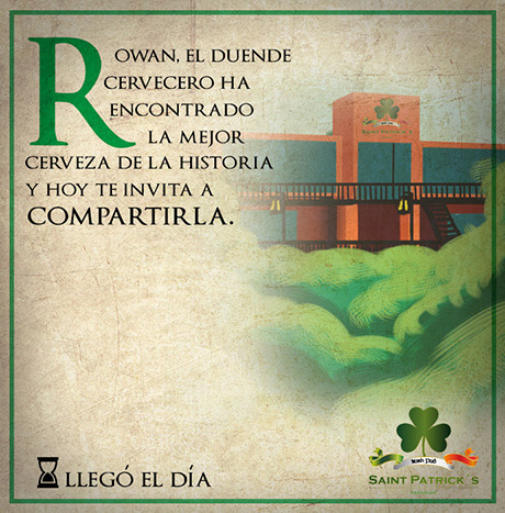 Ilustración del pub Saint Patrick's con el duende Rowan invitando a compartir la mejor cerveza.