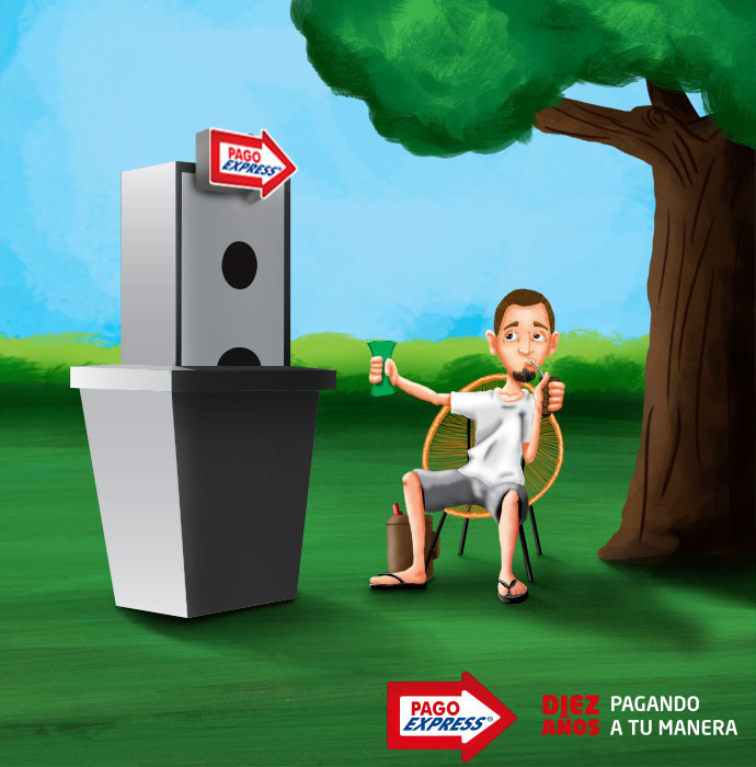 Ilustración de un joven pagando sus facturas desde el jardín con Pago Express mientras toma tereré.