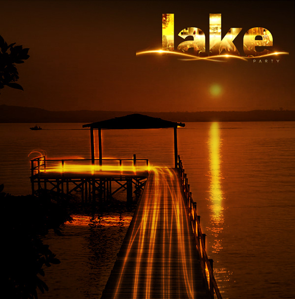 Gráfica conceptual para la Miller Lake Party con un muelle iluminado en un lago al atardecer.