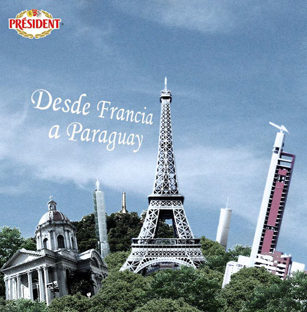 Montaje fotográfico con la Torre Eiffel y edificios de Paraguay para la campaña de lanzamiento de quesos President.